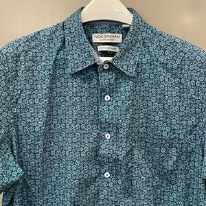 Nick Graham Mens XL Teal Floral Short Sleeve Button Down Stretch Modern Fit